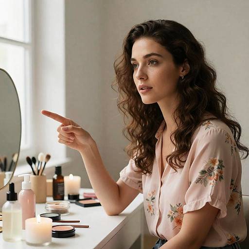 Woman Pointing at Cluttered Vanity Table