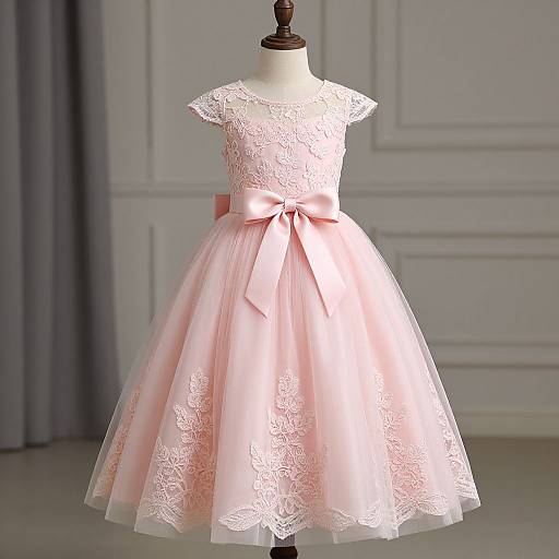 Photograph of a vintage-style, pink lace children's dress with a bow, displayed on a mannequin in a softly lit room.