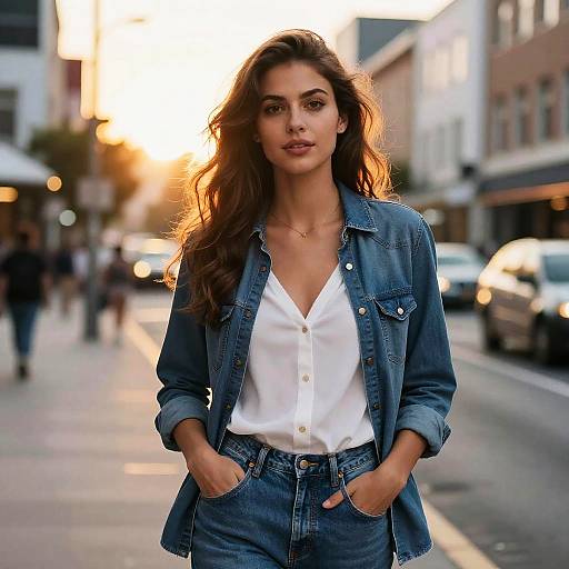 Photograph of a confident woman with long brown hair, wearing a white button-up shirt and blue denim jacket and jeans, standing on a sunlit urban
