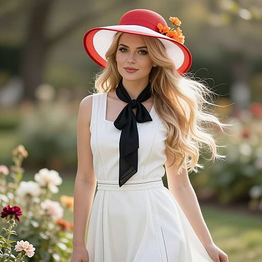 Photograph of a blonde woman in a white dress and red hat with black bow, standing in a sunlit garden.