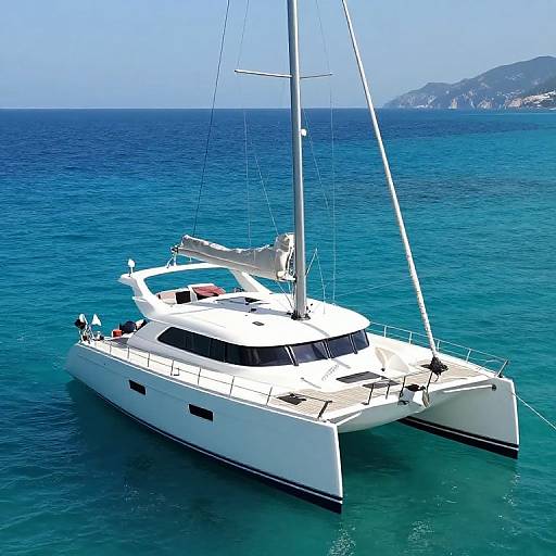 Photograph of a sleek, white sailboat with black-tinted windows, floating on clear, turquoise blue sea under a bright, cloudless sky