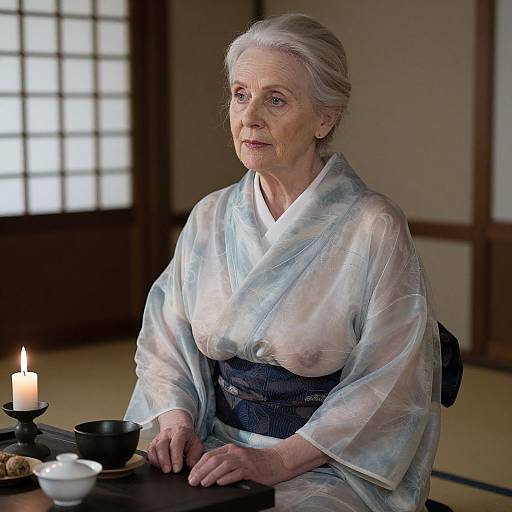Photograph of an elderly Japanese woman with white hair, wearing a translucent blue kimono, sitting at a wooden table with a candle and tea bowl,