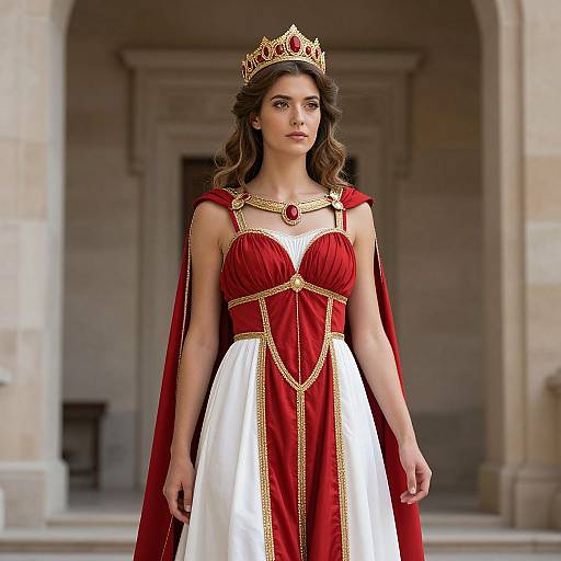 Photograph of a young woman with long brown hair, wearing a red and white royal gown, gold trim, red crown, and matching cape, standing