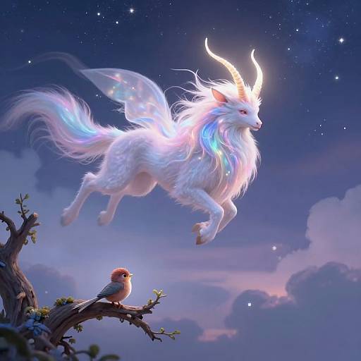 Digital fantasy artwork: Glowing white, unicorn-like creature with ethereal wings and horns, floating above a bird perched on a branch, under a