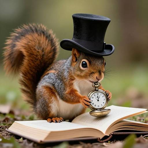 Photograph of a squirrel in a black top hat, holding a pocket watch over an open book on a forest floor.