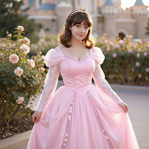 Photograph of a young woman with fair skin and brown hair, wearing a pink princess dress with white lace sleeves, a gold tiara, standing in