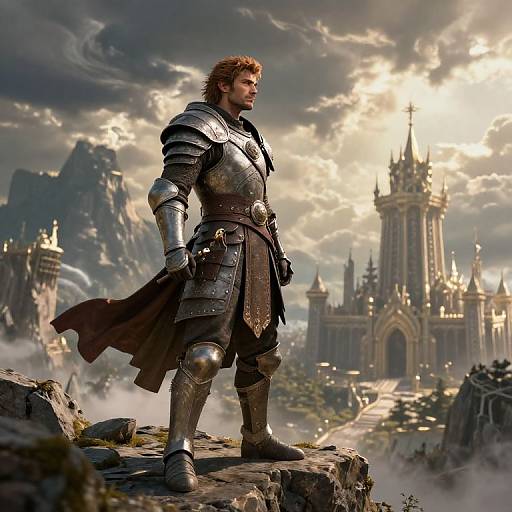 Photorealistic CGI of a muscular, bearded man in medieval armor standing on a rocky cliff, overlooking a fantasy castle city under dramatic, cloudy skies