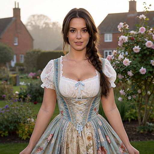 Photograph of a brunette woman with fair skin, wearing a detailed, blue and white, lace-trimmed, corseted, Victorian-style dress