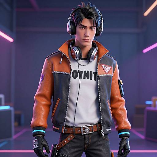 CGI image of a young man with black hair, wearing a orange and black jacket, headphones, white shirt, and black gloves, in a futuristic