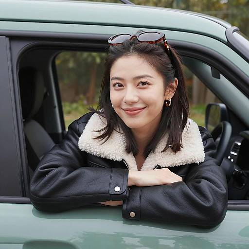 Smiling Young Woman by Green Car