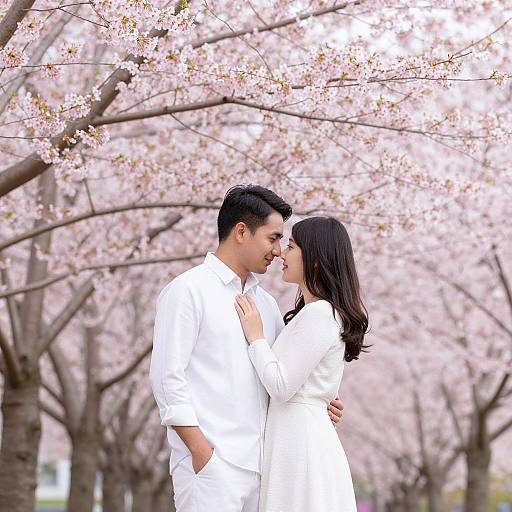 Photograph of a smiling Asian couple in white attire, standing under blooming cherry blossoms, sharing a tender moment. Pink flowers dominate the background.