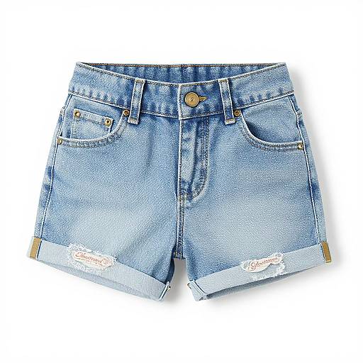 Photograph of light blue, distressed denim boy shorts with gold buttons, cuffed hems, and small rips on the front.