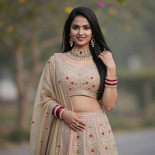 Photograph of an Indian woman with long black hair, wearing a gold and beige embroidered traditional outfit, ornate jewelry, and red bangles, smiling