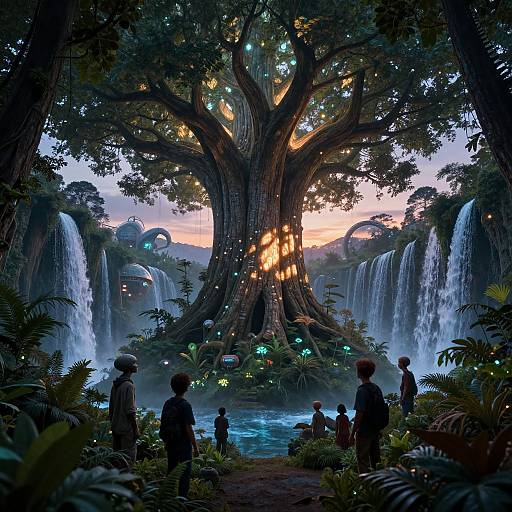 Digital artwork of a magical forest with a giant, glowing tree at sunset, surrounded by cascading waterfalls, and silhouetted people marveling