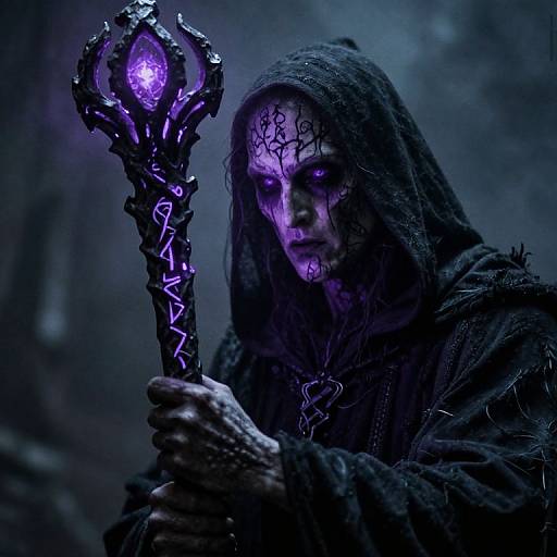 Photograph of a hooded figure with glowing purple face paint and cracked makeup, holding a dark, ornate staff with purple runes and a glowing orb
