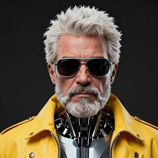 Photograph of a white-haired, bearded man with sunglasses, wearing a yellow leather jacket and black high-collared shirt, against a black background