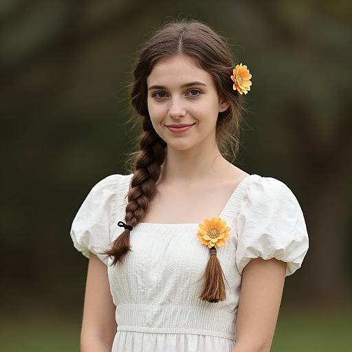 Photograph of a young woman with fair skin, brown hair in a braid, wearing a white puffed-sleeve dress, adorned with orange