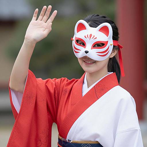 Asian Woman in Traditional Kimono Waving