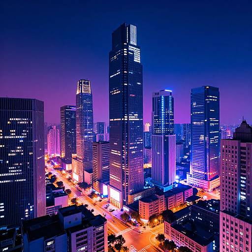 Nighttime cityscape photograph featuring brightly lit skyscrapers with vibrant blue, purple, and orange neon lights against a dark blue sky. Busy streets below