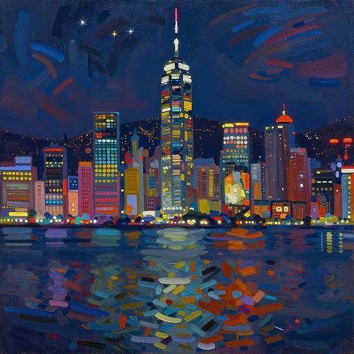 Vibrant Night Skyline Oil Painting