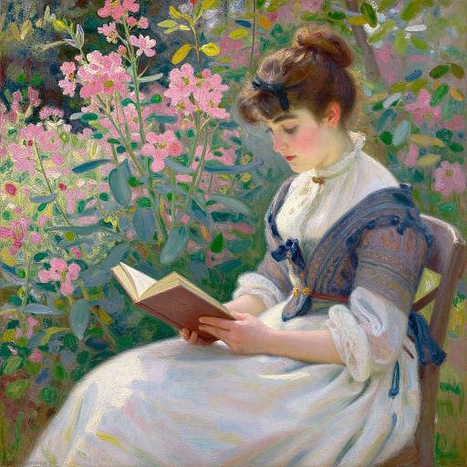 Impressionist painting of a woman with brown hair in a bun, wearing a white dress with blue shawl, reading a book amidst pink flowers and