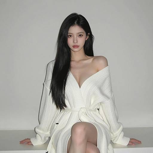 Woman in White Knitted Robe Sitting on Ledge