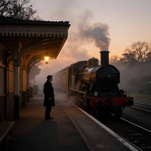 Photograph of a silhouette of a man in a long coat standing on a misty train station platform at sunset, with a vintage steam locomotive emitting