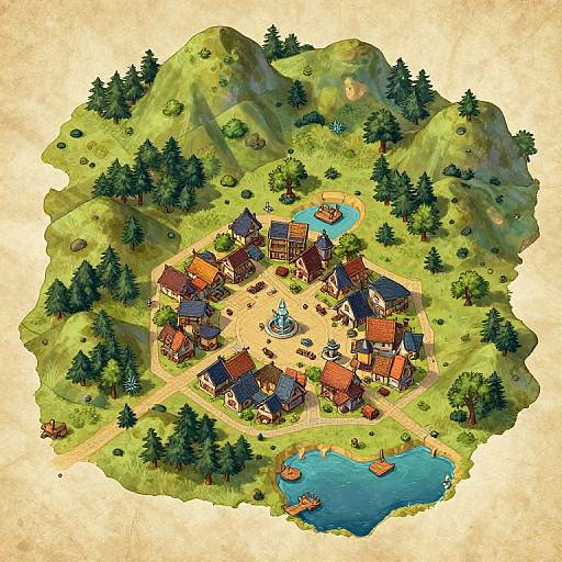 Aerial view of a vibrant fantasy village with wooden houses, a central fountain, and a small lake, surrounded by lush green hills and dense pine trees