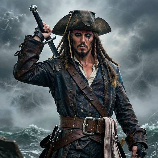 Photorealistic digital art of a rugged pirate with long dreadlocks, black tricorn hat, and sword, standing on stormy seas.