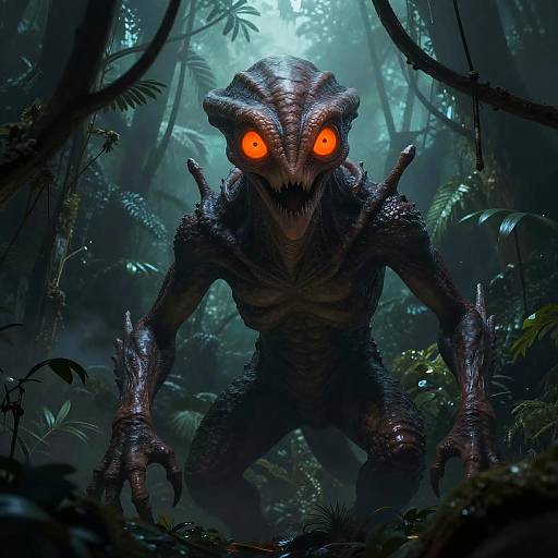 Misty Jungle Alien with Glowing Eyes