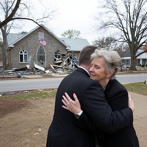 Photograph of a gray-haired elderly woman in a black coat hugging a man, standing in front of a damaged stone church with debris outside. Over