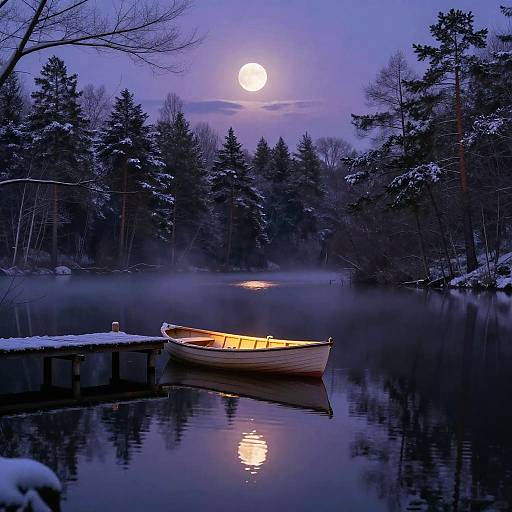 Photograph of a serene, snow-covered lake at night, with a glowing full moon, misty reflection, and a lit wooden rowboat docked