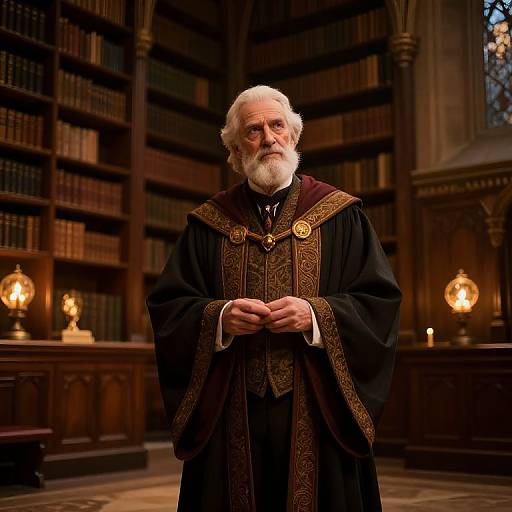 Photograph of an elderly white man with a white beard, wearing a dark, ornate robe, standing in a dimly lit, wooden library with