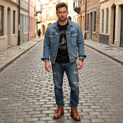 Photograph of a bearded man in a blue denim jacket, black graphic tee, ripped jeans, brown boots, standing on a cobblestone alley