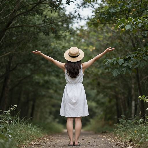 Photograph of a woman in a white dress and straw hat, standing with arms outstretched on a forest path, surrounded by lush green trees.