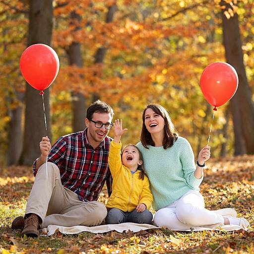 Photograph of a smiling family with a father, mother, and young daughter sitting on a blanket in an autumn forest, each holding a red balloon,