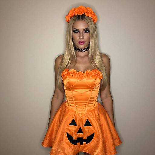 Photograph of a blonde woman with long hair, wearing an orange Halloween dress with a jack-o'-lantern design, black choker, and orange