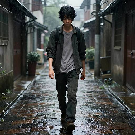 Photograph of a young Asian man with messy black hair, wearing a gray t-shirt and black jacket, walking down a wet, narrow alley in the