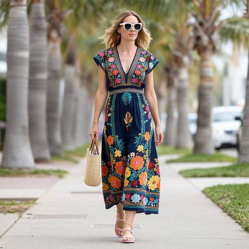 Photograph of a blonde woman in a blue floral dress, white sunglasses, holding a woven bag, walking on a palm-tree-lined street.