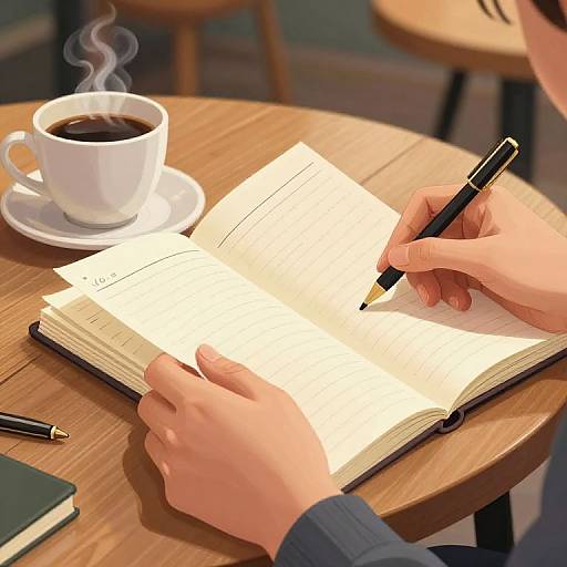 Photograph of hands writing in an open notebook on a wooden table, with a steaming cup of coffee and a black pen nearby.