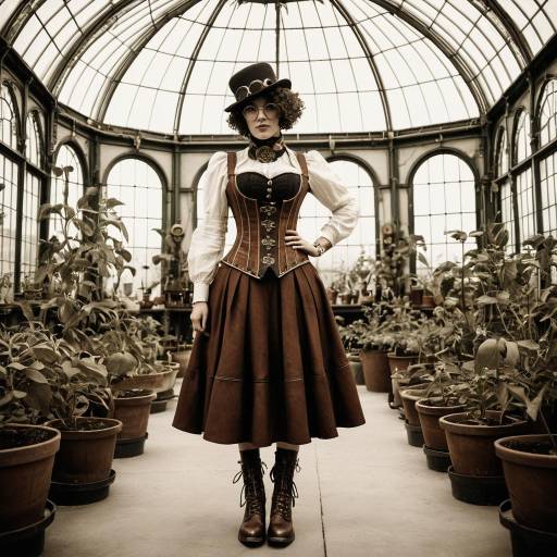 Steampunk Woman in Victorian Greenhouse