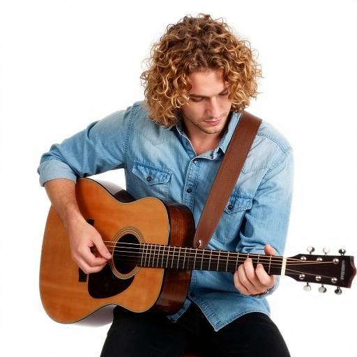 Photograph of a curly-haired man in a light blue denim shirt playing a wooden acoustic guitar against a white background.