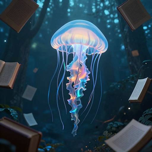 Digital illustration of a glowing blue jellyfish with multicolored tendrils amidst floating open books in a dark, mystical underwater forest.