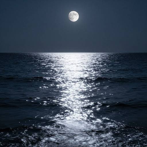 Photograph of a full moon shining brightly over a dark, shimmering ocean, with a silver moonlit reflection sparkling on the water's surface.