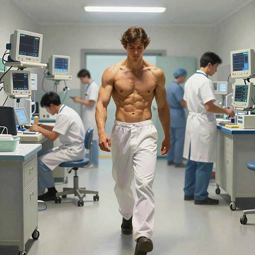 Photograph of a muscular, shirtless man in white pants walking through a brightly lit medical office with four blurred medical staff.