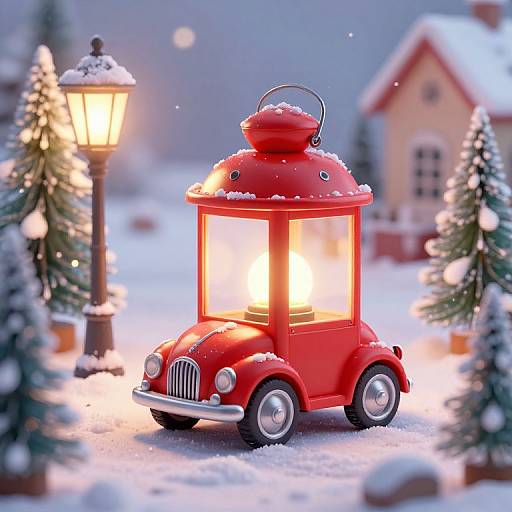 Photograph of a red vintage lantern-shaped lamp with a tiny car base, glowing warmly in a snowy, festive outdoor scene.
