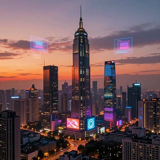 Photograph of a cityscape at sunset, featuring a tall skyscraper illuminated with neon lights, surrounded by other glowing buildings, with digital holograms floating