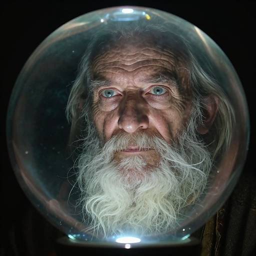Photograph of an elderly man with a long white beard and intense blue eyes, inside a clear, illuminated glass helmet against a dark background.