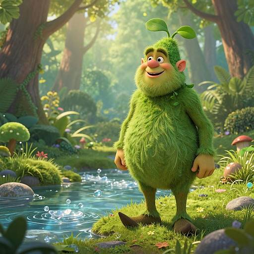 CGI cartoon of a cheerful, green-furred forest creature with leaf on head, standing by a sunny forest stream, surrounded by lush plants and mushrooms