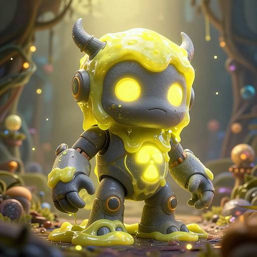 CGI image of a glowing yellow slime-covered, mechanical, chibi-style character with bright yellow eyes in a dark, whimsical forest.